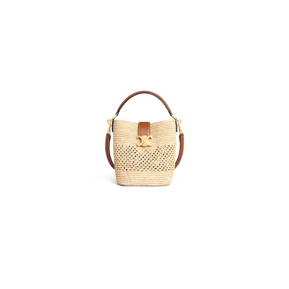 CELINE SMALL LOUISE BUCKET IN RAFFIA AND CALFSKIN(HIGH-END GRADE)